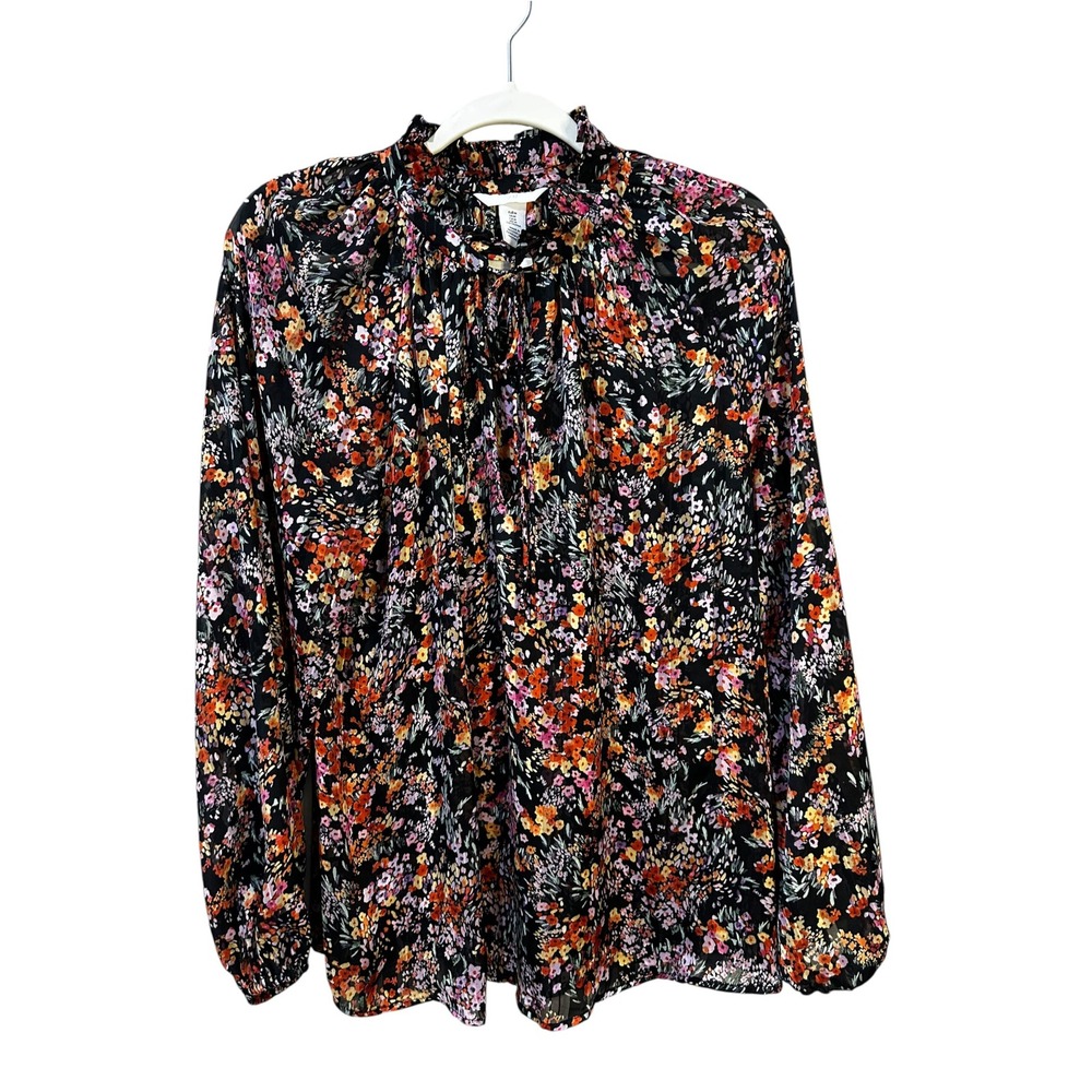 HM Womens Floral Ruffle Neck Tie Front Blouse Black Orange Long Sleeve Size M